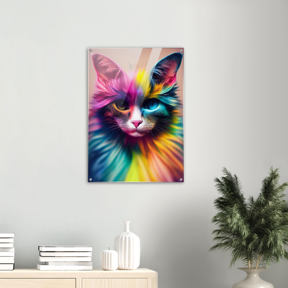 Acrylbild - Einzigartige farbenfrohe Regenbogenkatze "Luna"