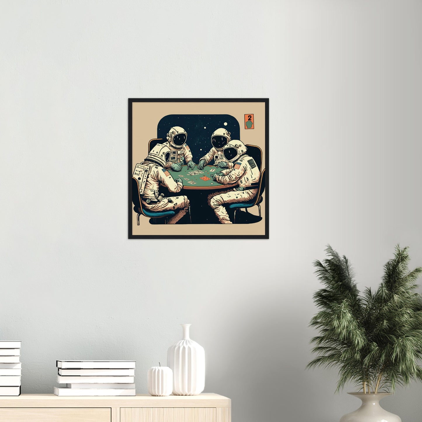 Poster mit Rahmen (Holz) in Museumsqualität - Gambling Astronauts - Illustration - Astronaut - Poker - Rocketman - Posterleisten - USA - Fineart - Posterrahmen  - Wandkunst - Holzrahmen - Poster with frame - artwork - art brand - printed cup personalized - Holzleisten - pixelboys - Kunstdrucke - wandbilder - wall art - Kunst auf Tassen  - Office Poster - Gastrotassen - Wanddekoration - Acrylkunst - Geschenkidee - Office Poster - Acryldruck - Abstrakte Kunst -