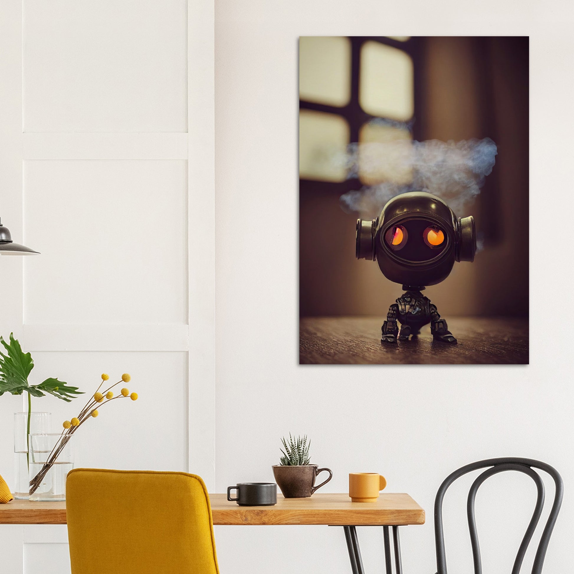 Poster in Museumsqualität - Tiny robot - with smoke around his head - "Tiny Tim" - Wandbild - Customizable Coffee Cup - Museumsqualität - Personalized Gifts - Kunstdruck - Rauchender Roboter - Steampunk - Acryldruck - Smoking Robots - Personalized Gifts - Poster with frame - blech - nr.5 lebt - zukunft - Kunstwerk - Office Poster - Poster mit Rahmen - Kaffee Tasse  - Bedruckte Tassen - Kunst Marke - Art Brand - Wandbild - Kunstdrucke - Künstler: John Grayst & Pixelboys - emotional robots - Geschenkidee -