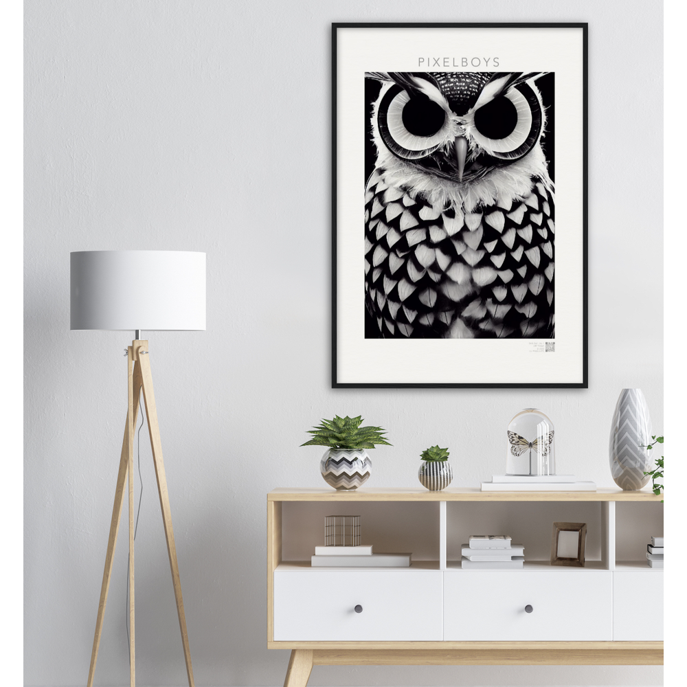 Poster mit Rahmen (Holz) - Museumsqualität - Dark Owl, No. 1 - "Hedwig" - Vogel - Bird - Strigiformes - Noctua - Ornithologie - Kunstwerk - Museumsqualität - Acryldruck - Poster mit Rahmen - Poster mit Leisten - Bedruckte Tassen - Kunst Marke - Art Brand - Pixelboys - Kunstdruck - Wandbild - Kunstdrucke - Papier: 250g/qm - Künstler: John Grayst & Pixelboys - Eulen - Owl-  - Atelier - England - London - Birmingham–Wolverhampton - Manchester - Leeds Bradfort - Liverpool  