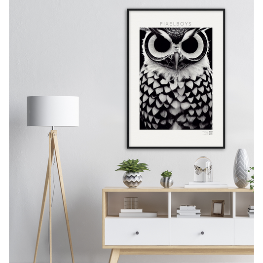 Poster mit Rahmen (Holz) - Museumsqualität - Dark Owl, No. 1 - "Hedwig" - Vogel - Bird - Strigiformes - Noctua - Ornithologie - Kunstwerk - Museumsqualität - Acryldruck - Poster mit Rahmen - Poster mit Leisten - Bedruckte Tassen - Kunst Marke - Art Brand - Pixelboys - Kunstdruck - Wandbild - Kunstdrucke - Papier: 250g/qm - Künstler: John Grayst & Pixelboys - Eulen - Owl-  - Atelier - England - London - Birmingham–Wolverhampton - Manchester - Leeds Bradfort - Liverpool  