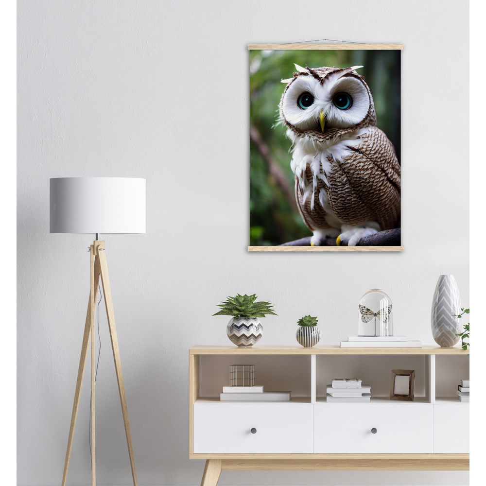 Poster mit Leisten (Holz) - Fruit Owl No.6 - "Cornelius", the coconut owl - Wandkunst - Museumsqualität - Kunstdruck - Kokusnuseule - Kokosnuss-Uhu (lat. bubo vaccinium)  - Acryldruck - Fruchteulen - coconut owl - Vogel - Uhu - Bird - Strigiformes - Noctua - Ornithologie - Kunstwerk  - Office Poster - Poster mit Rahmen - Kaffee Tasse - Poster mit Leisten - Bedruckte Tassen - Kunst Marke - Art Brand - Wandbild - Kunstdrucke - Papier: 250g/qm - Künstler: John Grayst & Pixelboys - Eulen - Owl - Geschenkidee - 