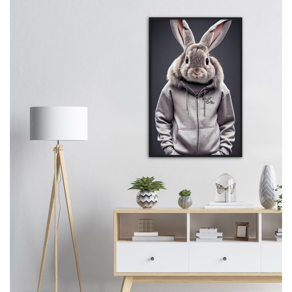 Poster mit Rahmen (Holz) - Bunny in grey Tracksuit - "Titus" - Fashion Gang - Wandbild - Ostern - Geschenkidee - Osterhase - Bunny Crew: "Titus" - "Caesar" - "Constantin" - "Cleo" - Weisser Hase - Easter Bunny - Cute - grey tracksuit - sweats - Alice's Adventures in Wonderland - Modemarke - Pixelboys Brand - Titus der Hase - Hase - Kaninchen  - Künstler: "Pixelboys" - Atelier - Germany - Berlin - Hamburg - Colgne - France - Paris - Italy - Rom - USA - America - New York City - Los Angeles - Chicago - 