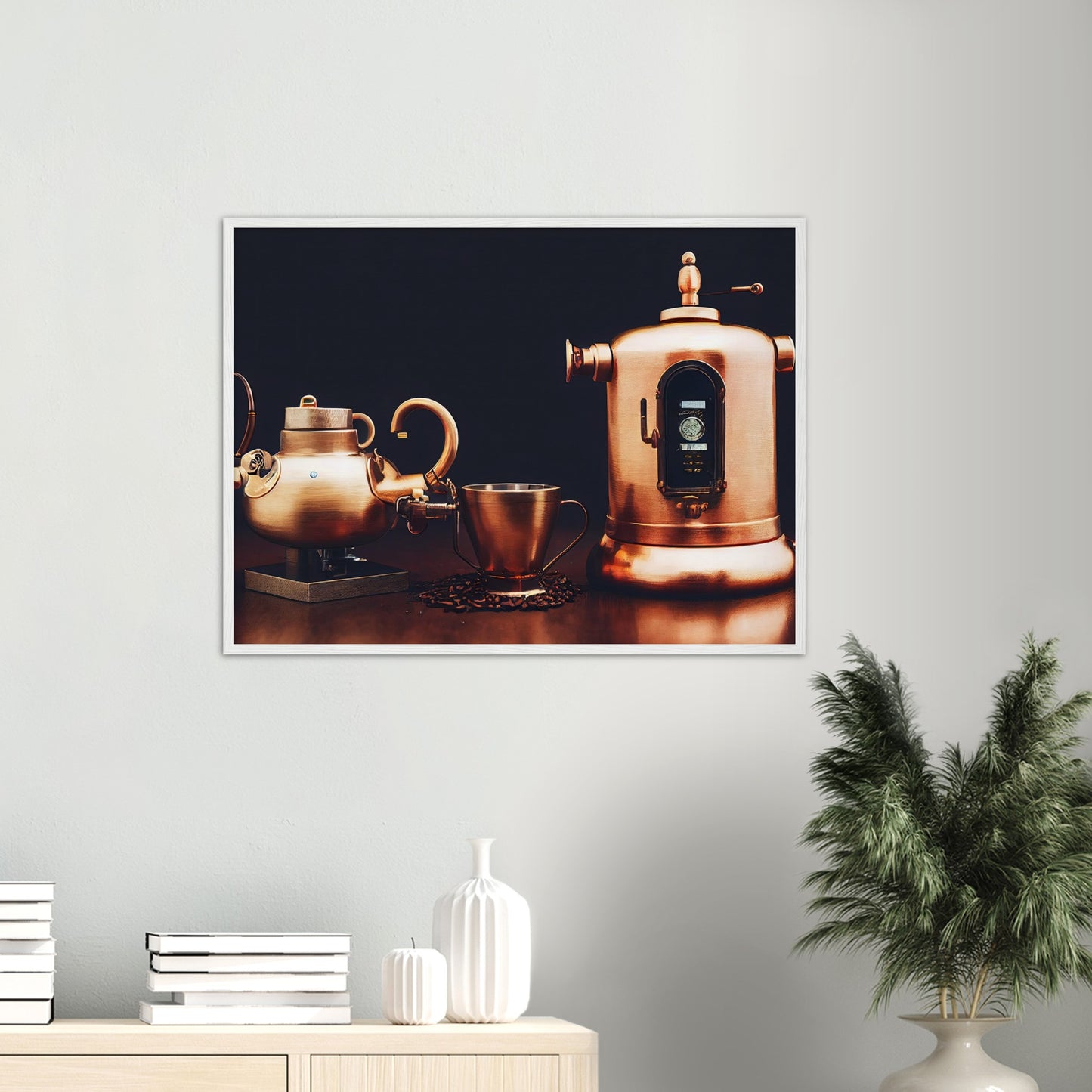 Poster mit Rahmen (Holz) - in Museumsqualität - Steampunk - Coffee Maker - No.4 - Collection Cup - Pixelboys - Wandbild - Kunstwerk - Hotelkunst - Kunst auf Postern - Fine Art - Steampunk - Future - Maschine - Poster with frame - Office Poster - Art Brand - Pixelboys - Coffee House - Restaurant Poster - Wall Art - Kunstdruck - Geschenkidee - Kunst auf Acrylglas - Future Coffee Cup - Personalisierbare Tasse - Gastro Tasse - exklusiv - Gastronomie Poster - Hotelposter - Steam Punk Kitchen - Acryldruck