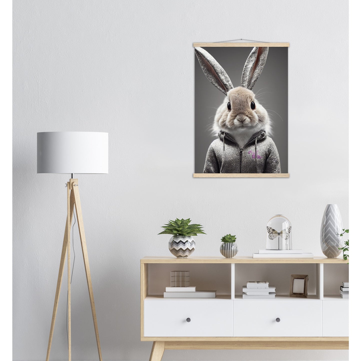 Poster mit Leisten (Holz) - in Museumsqualität - Bunny in grey tracksuit - "Cleo" - Cute - Marke:Pixelboys - Brand - Art Prints - Marke - Wandkunst - Papierstärke: 250g/qm - Wall Art - Bunny crey - Skater Betty - Hasen Gang - Original - Künstler:Pixelboys - Poster with frame - Office Poster - Trend - Wandschmuck - Atelier USA - 