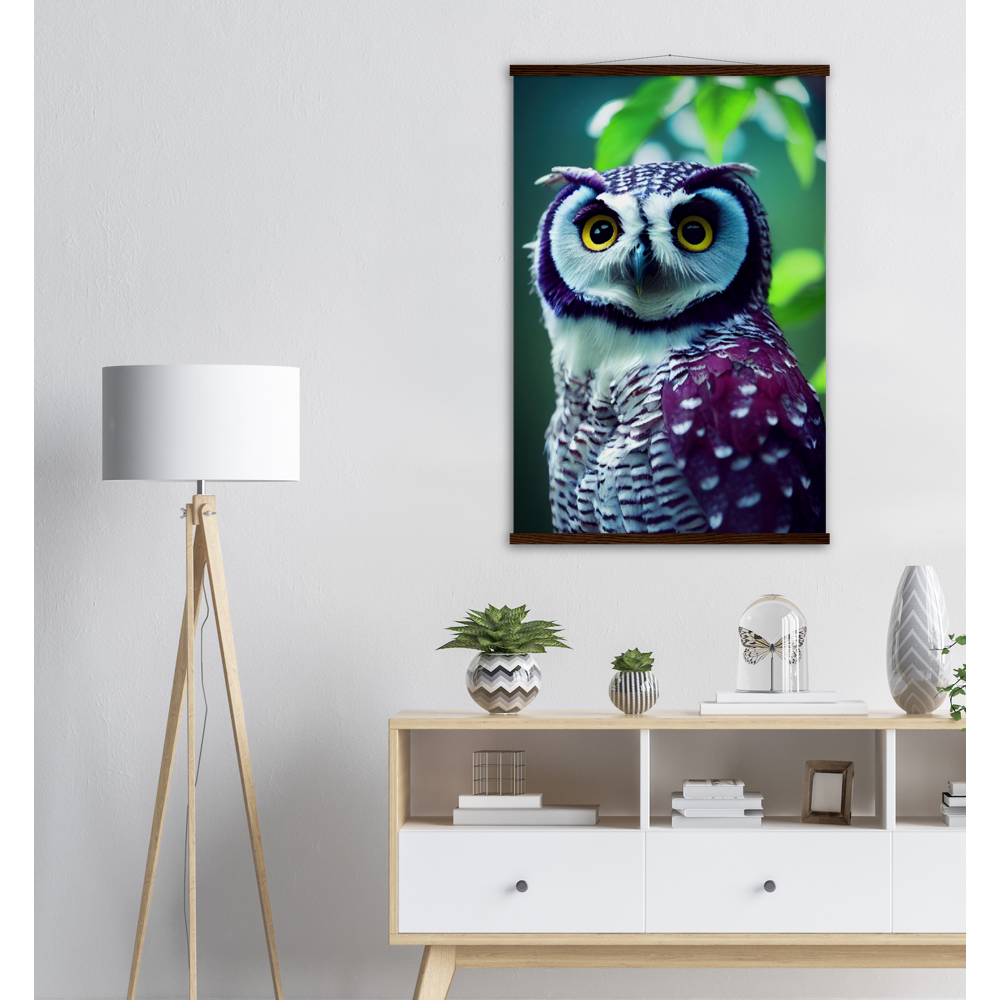 Poster mit Leisten (Holz) - Fruit Owl No.5 - "Sini", the bluberry owl - Wandkunst - Kunstdruck - Heidelbeereule - (lat. bubo vaccinium) - Teebecher - Heidelbeere Eule - Fruchteulen - blueberry owl- Vogel - Uhu - Bird - Strigiformes - Noctua - Ornithologie - Kunstwerk  - Office Poster - Poster mit Rahmen - Kaffee Tasse - Poster mit Leisten - Bedruckte Tassen - Kunst Marke - Art Brand - Acryldruck - Wandbild - Kunstdrucke - Papier: 250g/qm - Künstler: John Grayst & Pixelboys - Eulen - Owl - Geschenkidee - 