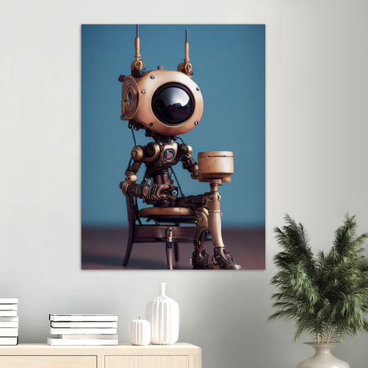 Poster in Museumsqualität - Tiny robot with a present - "Tiny Sam" - Wandbild - Customizable Coffee Cup - Personalized Gifts - Kunstdruck - Roboter mit Geschenk - Steampunk - Acryldruck - Present Robots - Personalized Gifts - Poster with frame - nr.5 lebt - zukunft - Kunstwerk - Office Poster - Poster mit Rahmen - Kaffee Tasse  - Bedruckte Tassen - Kunst Marke - Art Brand - Wandbild - Kunstdrucke - Künstler: John Grayst & Pixelboys - emotional robots - Geschenkidee -