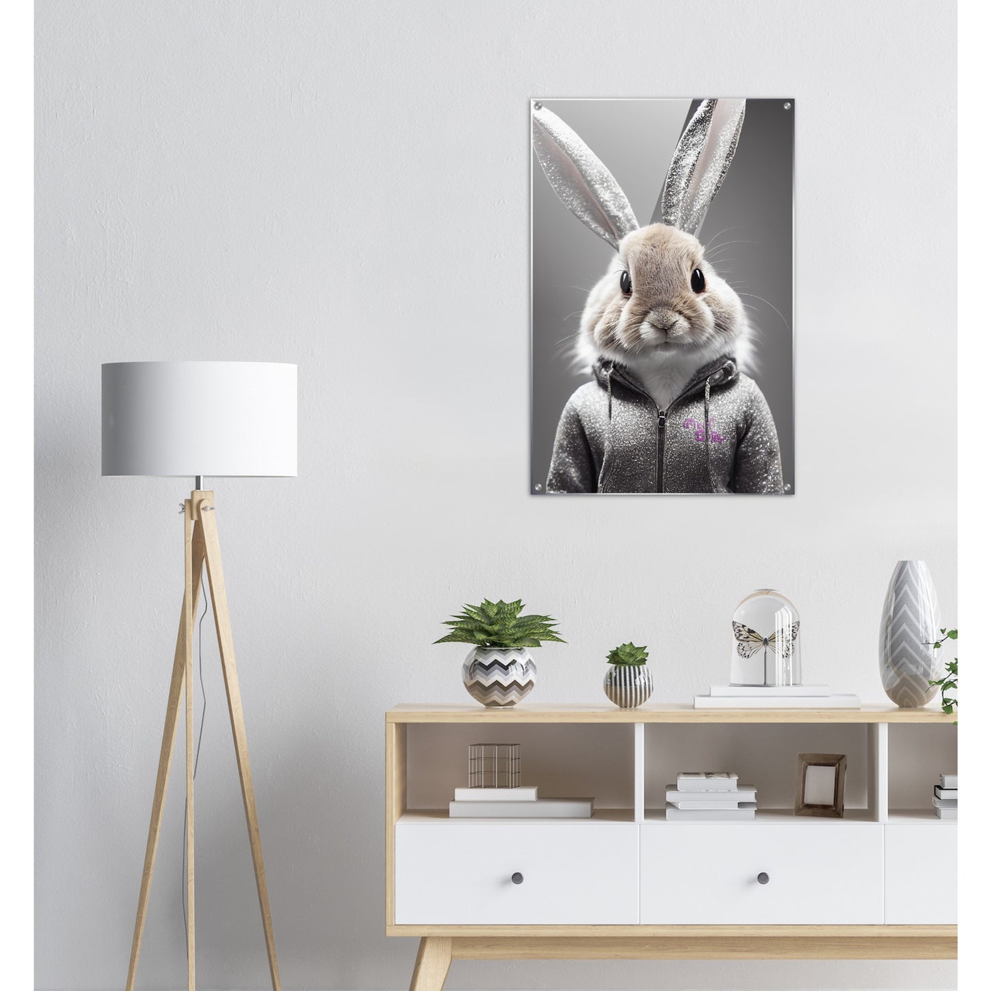 Acrylbild - in Museumsqualität - Bunny in grey tracksuit - "Cleo" - Cute - Marke:Pixelboys - Brand - Art Prints - Marke - Wandkunst - Papierstärke: 250g/qm - Wall Art - Bunny crey - Skater Betty - Hasen Gang - Original - Künstler:Pixelboys - Poster with frame - Office Poster - Trend - Wandschmuck - Atelier USA - 