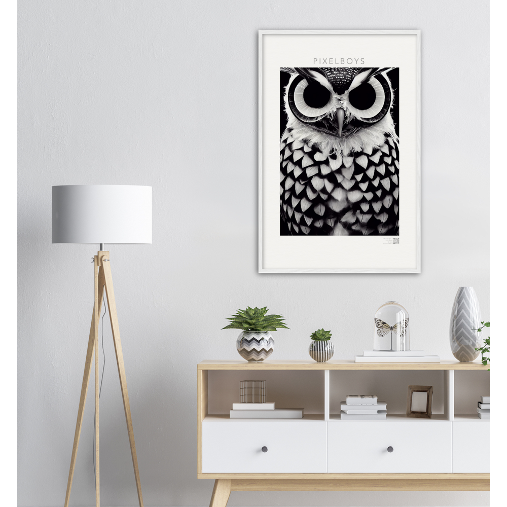 Poster mit Rahmen (Holz) - Museumsqualität - Dark Owl, No. 1 - "Hedwig" - Vogel - Bird - Strigiformes - Noctua - Ornithologie - Kunstwerk - Museumsqualität - Acryldruck - Poster mit Rahmen - Poster mit Leisten - Bedruckte Tassen - Kunst Marke - Art Brand - Pixelboys - Kunstdruck - Wandbild - Kunstdrucke - Papier: 250g/qm - Künstler: John Grayst & Pixelboys - Eulen - Owl-  - Atelier - England - London - Birmingham–Wolverhampton - Manchester - Leeds Bradfort - Liverpool  