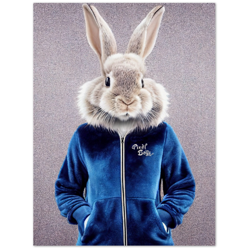 Poster in Museumsqualität - Bunny in blue Tracksuit - "Caesar" - Wandbild - Ostern - Geschenkidee - Osterhase - Bunny Crew: "Caesar" - "Constantin" - "Titus" - "Cleo" - Weisser Hase - Easter Bunny - Cute - blue Tracksuit - Modemarke -Pixelboys Brand - Caesar der Hase - Meister Lampe - Hase - Kaninchen - Karnickel - Stallhase - Künstler: "Pixelboys" - Atelier - Germany - Berlin - France - Paris - Italy - Rom - USA - America - New York City - Los Angeles - Chicago - Houston - Phoenix - Philadelphia 