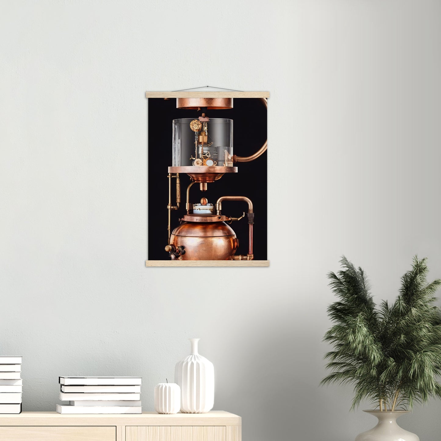 Poster mit Leisten (Holz) - Steampunk - Coffee Maker - No.6 - Collection Cup - Pixelboys - Wandbild - Kunstwerk - Hotelkunst - Kunst auf Postern - Fine Art - Steampunk - Future - Maschine - Poster with frame - Office Poster - Art Brand - Pixelboys - Coffee House - Restaurant Poster - Wall Art - Kunstdruck - Geschenkidee - Kunst auf Acrylglas - Future Coffee Cup - Personalisierbare Tasse - Gastro Tasse - exklusiv - Acryldruck - Gastronomie Poster - Hotelposter - Teestube - Steam Punk Kitchen -   