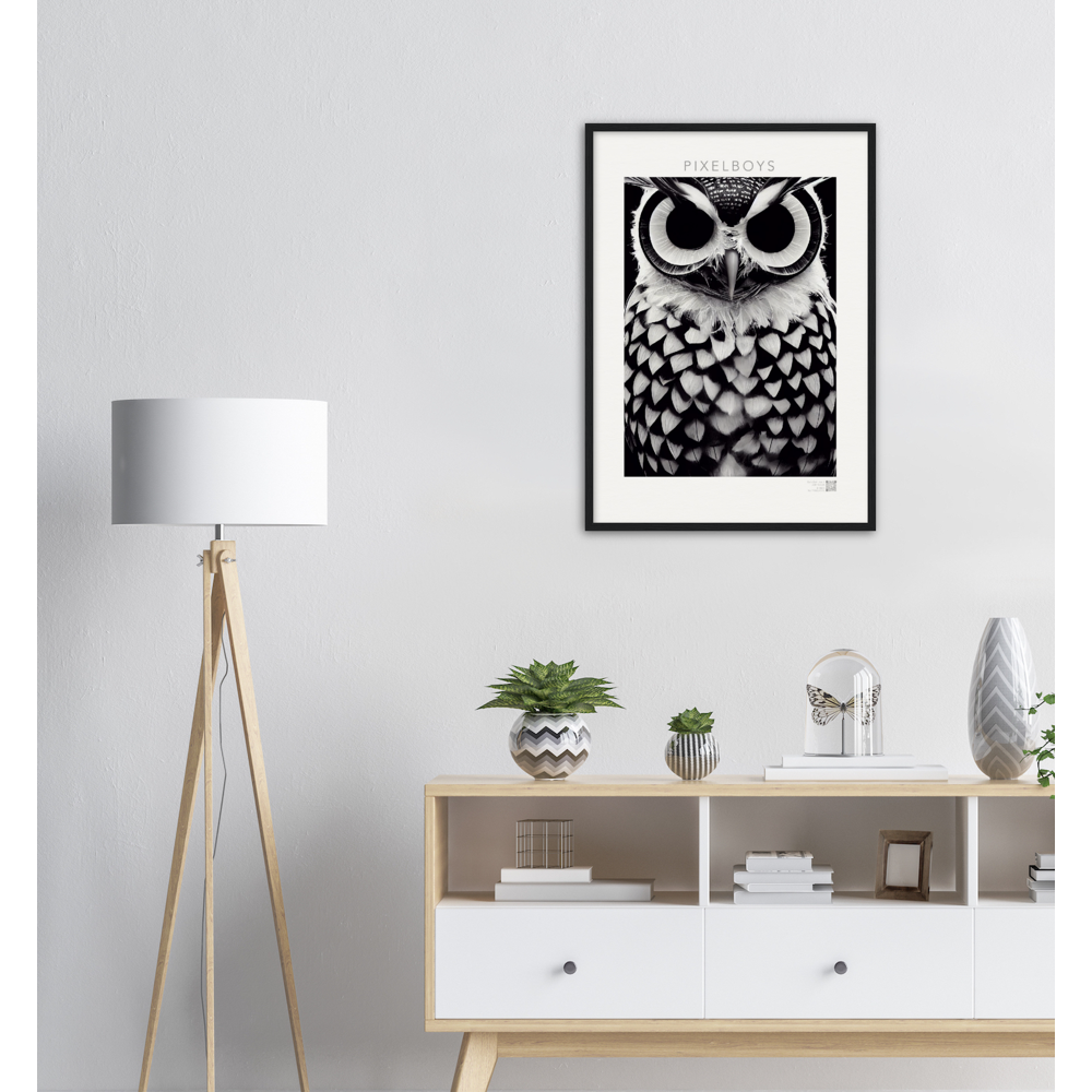 Poster mit Rahmen (Holz) - Museumsqualität - Dark Owl, No. 1 - "Hedwig" - Vogel - Bird - Strigiformes - Noctua - Ornithologie - Kunstwerk - Museumsqualität - Acryldruck - Poster mit Rahmen - Poster mit Leisten - Bedruckte Tassen - Kunst Marke - Art Brand - Pixelboys - Kunstdruck - Wandbild - Kunstdrucke - Papier: 250g/qm - Künstler: John Grayst & Pixelboys - Eulen - Owl-  - Atelier - England - London - Birmingham–Wolverhampton - Manchester - Leeds Bradfort - Liverpool  