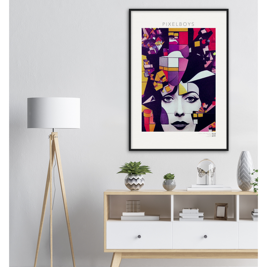 Poster mit Rahmen - The Queen No.1 - HRH in cubes - Kunstdruck - Queen Elisabeth II - Monarch - HRH - His/Her Royal Highness - Groß Britannien - Commonwealth - The Royal Family - Wandbild - Kubismus - synthetischen Kubismus - Georges Braque - Künstler: "John Grayst" - Atelier - UK - GB - London - 