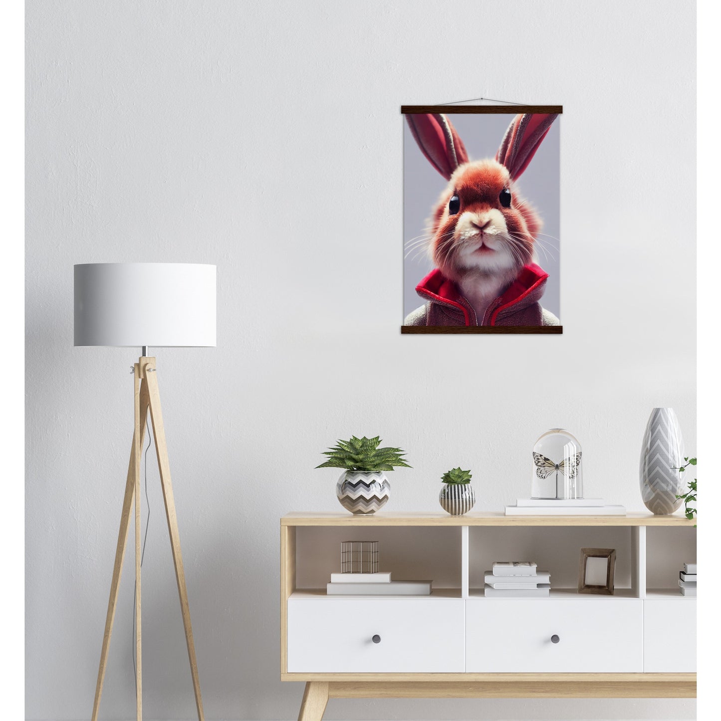 Poster mit Leisten (Holz)- Museumsqualität - Bunny in grey red tracksuit - "Julius" - personalized mug - customized mug - Cute rabbit - Marke:- Pixelboys - Brand - Art Prints - Marke - Wandkunst - Papierstärke: 250g/qm - Wall Art - Bunny crew - Skater Betty - Hasen Gang - Original - Künstler:Pixelboys - Poster with frame - Office Poster - Acrylkunst - Trend - Wandschmuck - Acrylbild - Atelier Canada - 