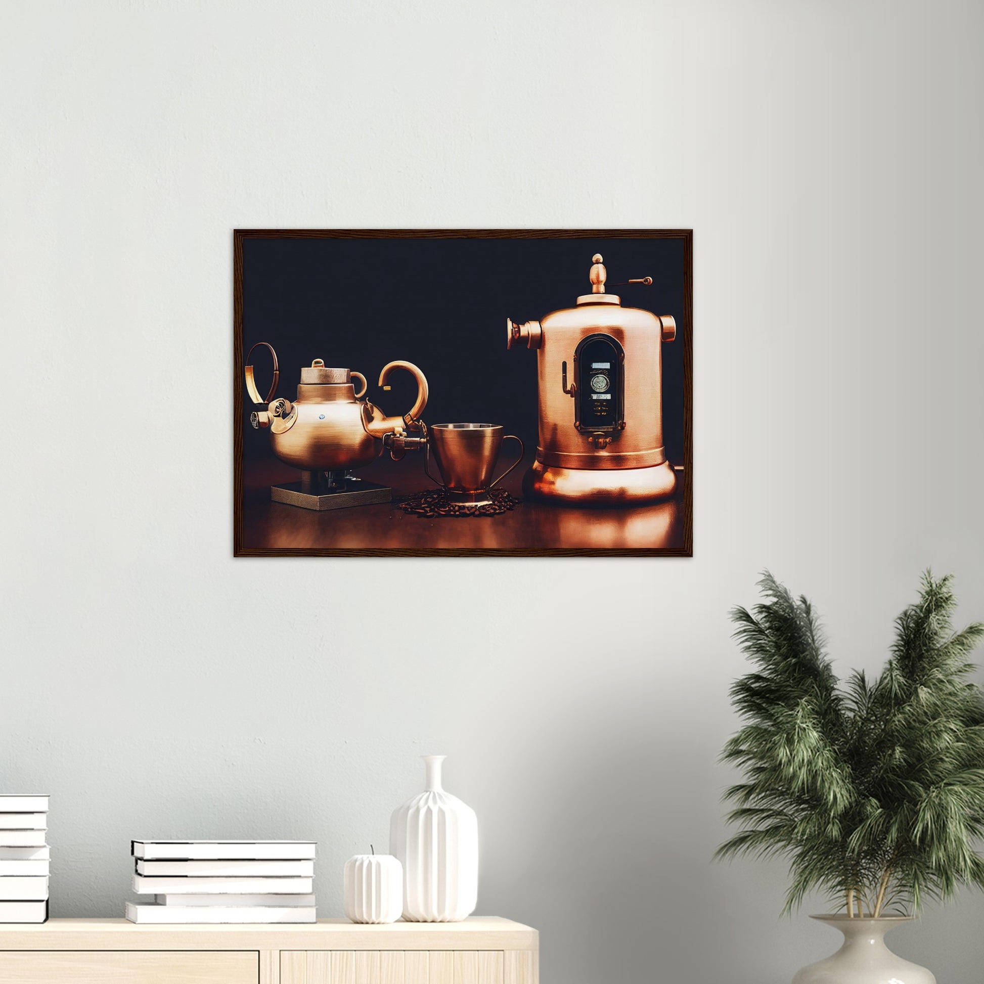 Poster mit Rahmen (Holz) - in Museumsqualität - Steampunk - Coffee Maker - No.4 - Collection Cup - Pixelboys - Wandbild - Kunstwerk - Hotelkunst - Kunst auf Postern - Fine Art - Steampunk - Future - Maschine - Poster with frame - Office Poster - Art Brand - Pixelboys - Coffee House - Restaurant Poster - Wall Art - Kunstdruck - Geschenkidee - Kunst auf Acrylglas - Future Coffee Cup - Personalisierbare Tasse - Gastro Tasse - exklusiv - Gastronomie Poster - Hotelposter - Steam Punk Kitchen - Acryldruck