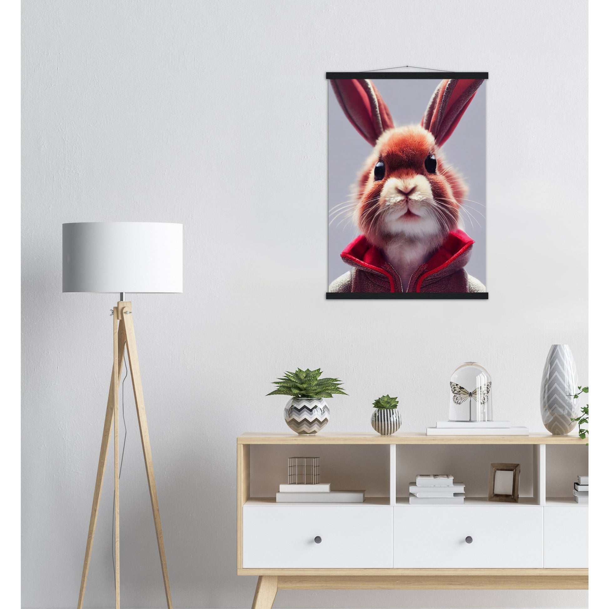 Poster mit Leisten (Holz)- Museumsqualität - Bunny in grey red tracksuit - "Julius" - personalized mug - customized mug - Cute rabbit - Marke:- Pixelboys - Brand - Art Prints - Marke - Wandkunst - Papierstärke: 250g/qm - Wall Art - Bunny crew - Skater Betty - Hasen Gang - Original - Künstler:Pixelboys - Poster with frame - Office Poster - Acrylkunst - Trend - Wandschmuck - Acrylbild - Atelier Canada - 