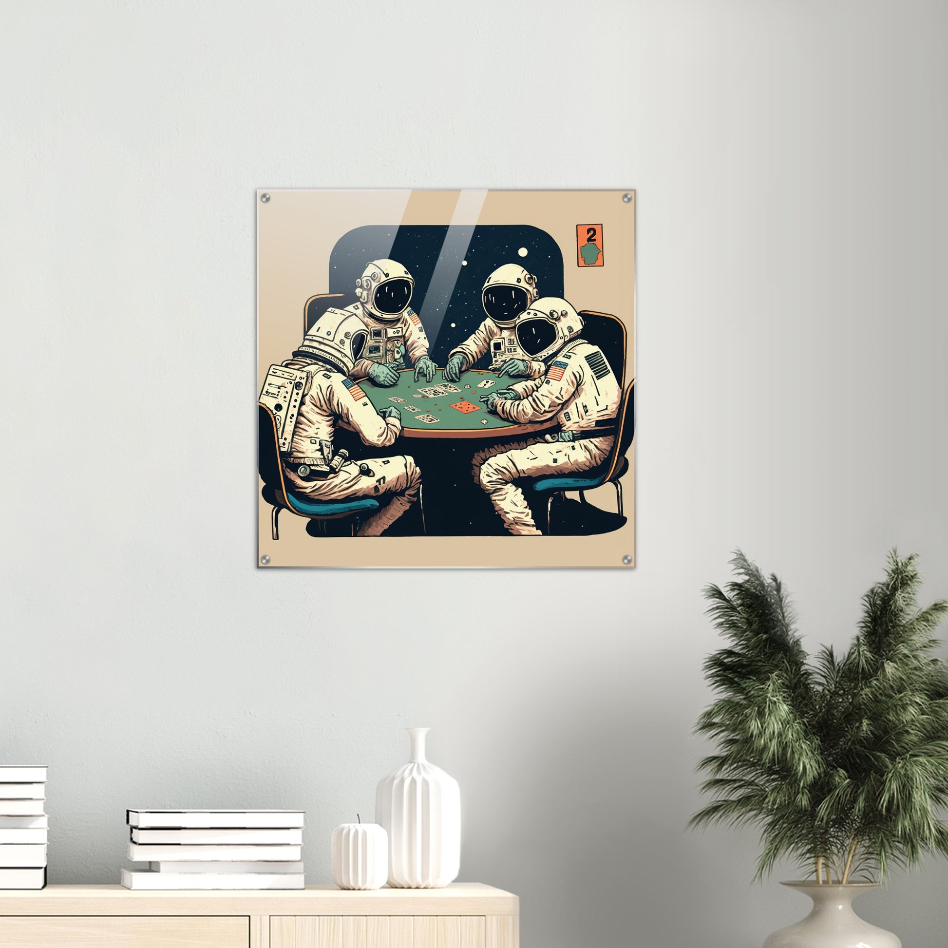 Acrylbild auf Glas in Museumsqualität - Gambling Astronauts - Illustration - Astronaut - Poker - Rocketman - Posterleisten - USA - Fineart - Posterrahmen  - Wandkunst - Holzrahmen - Poster with frame - artwork - art brand - printed cup personalized - Holzleisten - pixelboys - Kunstdrucke - wandbilder - wall art - Kunst auf Tassen  - Office Poster - Gastrotassen - Wanddekoration - Acrylkunst - Geschenkidee - Office Poster - Acryldruck - Abstrakte Kunst -