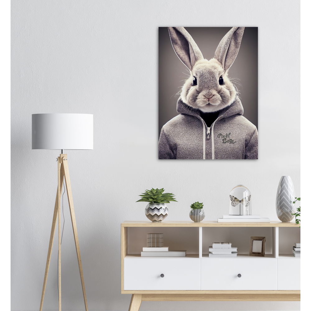 Poster in Museumsqualität - Bunny in grey Hoodie - "Constantin" - Fashion Gang - Wandbild - Ostern - Geschenkidee - Osterhase - Bunny Crew: "Constantin" - "Caesar" - "Titus" - "Cleo" - Weisser Hase - Easter Bunny - Cute - grey Hoodie - sweats - Alice's Adventures in Wonderland - Modemarke - Pixelboys Brand - Constantin der Hase - Hase - Kaninchen  - Künstler: "Pixelboys" - Atelier - Germany - Berlin - Hamburg - Colgne - France - Paris - Italy - Rom - USA - America - New York City - Los Angeles - Chicago - 