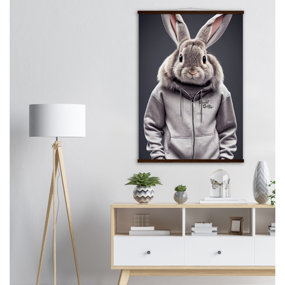 Poster mit Leisten (Holz) - Bunny in grey Tracksuit - "Titus" - Fashion Gang - Wandbild - Ostern - Geschenkidee - Osterhase - Bunny Crew: "Titus" - "Caesar" - "Constantin" - "Cleo" - Weisser Hase - Easter Bunny - Cute - grey tracksuit - sweats - Alice's Adventures in Wonderland - Modemarke - Pixelboys Brand - Constantin der Hase - Hase - Kaninchen  - Künstler: "Pixelboys" - Atelier - Germany - Berlin - Hamburg - Colgne - France - Paris - Italy - Rom - USA - America - New York City - Los Angeles - Chicago - 