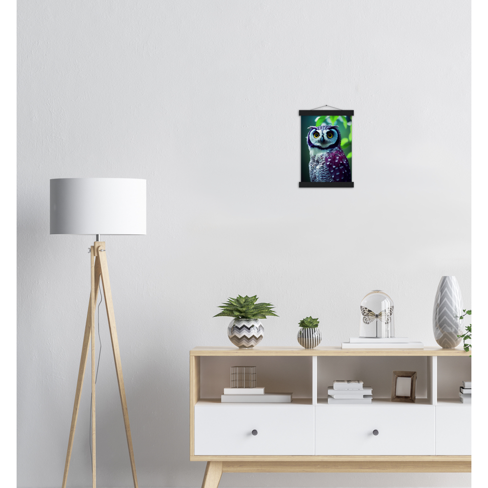 Poster mit Leisten (Holz) - Fruit Owl No.5 - "Sini", the bluberry owl - Wandkunst - Kunstdruck - Heidelbeereule - (lat. bubo vaccinium) - Teebecher - Heidelbeere Eule - Fruchteulen - blueberry owl- Vogel - Uhu - Bird - Strigiformes - Noctua - Ornithologie - Kunstwerk  - Office Poster - Poster mit Rahmen - Kaffee Tasse - Poster mit Leisten - Bedruckte Tassen - Kunst Marke - Art Brand - Acryldruck - Wandbild - Kunstdrucke - Papier: 250g/qm - Künstler: John Grayst & Pixelboys - Eulen - Owl - Geschenkidee - 