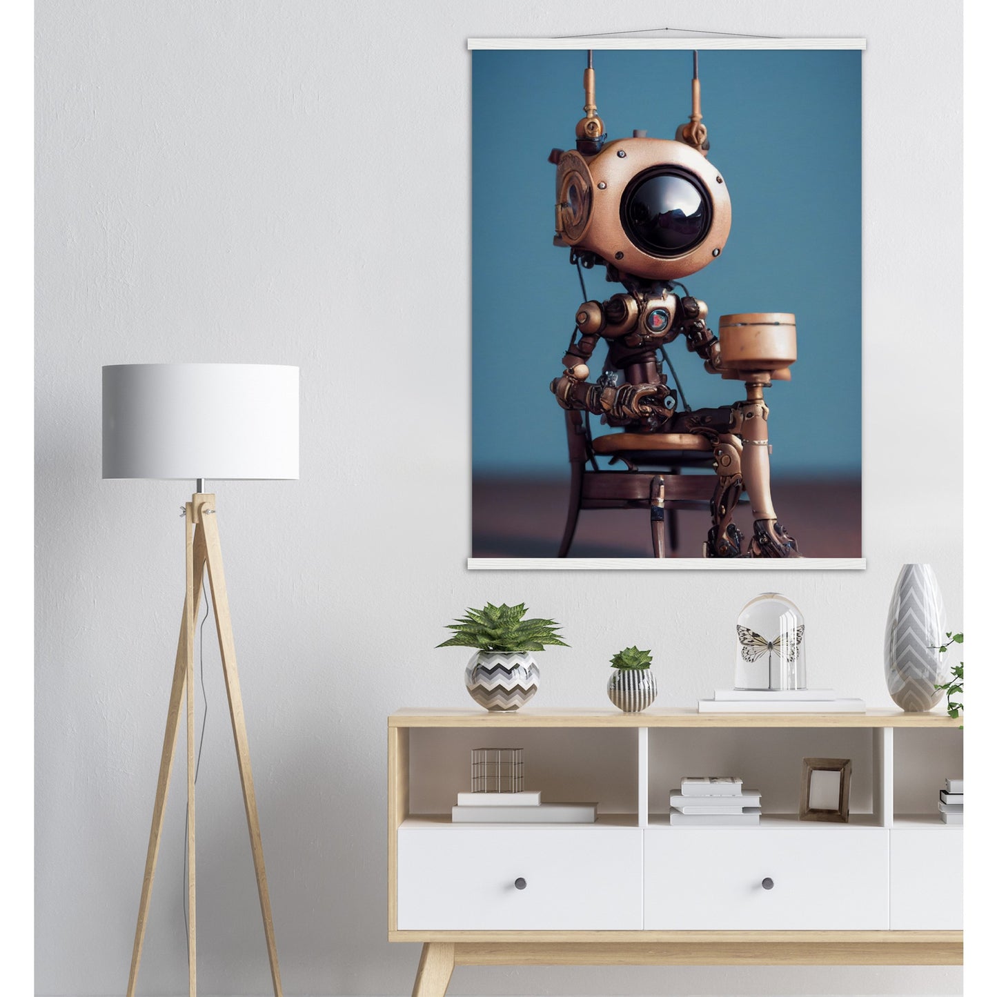 Poster mit Leisten (Holz) in Museumsqualität - Tiny robot with a present - "Tiny Sam" - Wandbild - Customizable Coffee Cup - Personalized Gifts - Kunstdruck - Roboter mit Geschenk - Steampunk - Acryldruck - Present Robots - Personalized Gifts - Poster with frame - nr.5 lebt - zukunft - Kunstwerk - Office Poster - Poster mit Rahmen - Kaffee Tasse  - Bedruckte Tassen - Kunst Marke - Art Brand - Wandbild - Kunstdrucke - Künstler: John Grayst & Pixelboys - emotional robots - Geschenkidee - Wall Art -