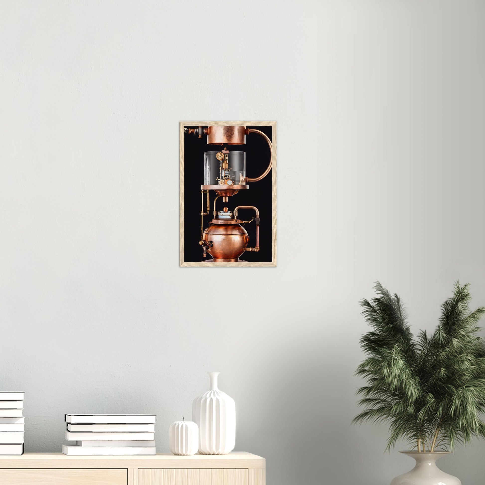 Poster mit Rahmen (Holz) - Steampunk - Coffee Maker - No.6 - Collection Cup - Pixelboys - Wandbild - Kunstwerk - Hotelkunst - Kunst auf Postern - Fine Art - Steampunk - Future - Maschine - Poster with frame - Office Poster - Art Brand - Pixelboys - Coffee House - Restaurant Poster - Wall Art - Kunstdruck - Geschenkidee - Kunst auf Acrylglas - Future Coffee Cup - Personalisierbare Tasse - Gastro Tasse - exklusiv - Acryldruck - Gastronomie Poster - Hotelposter - Teestube - Steam Punk Kitchen -   