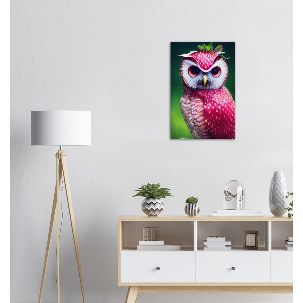 Poster in Museumsqualität - Fruit Owl No. 2 - "Berry", the Strawberry Owl - Serie Fruit Owls - Wandkunst - Kunstdruck - (fiktiv: lat.  Pulsatrix Fragaria) - Erdbeere - Schleiereulen - Fruchteulen - Vogel - Bird - Strigiformes - Noctua - Ornithologie - Kunstwerk  - Office Poster - Poster mit Rahmen - Kaffee Tasse - Poster mit Leisten - Bedruckte Tassen - Kunst Marke - Art Brand - Acrylbild - Wandbild - Kunstdrucke - Papier: 250g/qm - Künstler: John Grayst & Pixelboys - Eulen - Owl - Geschenkidee - 