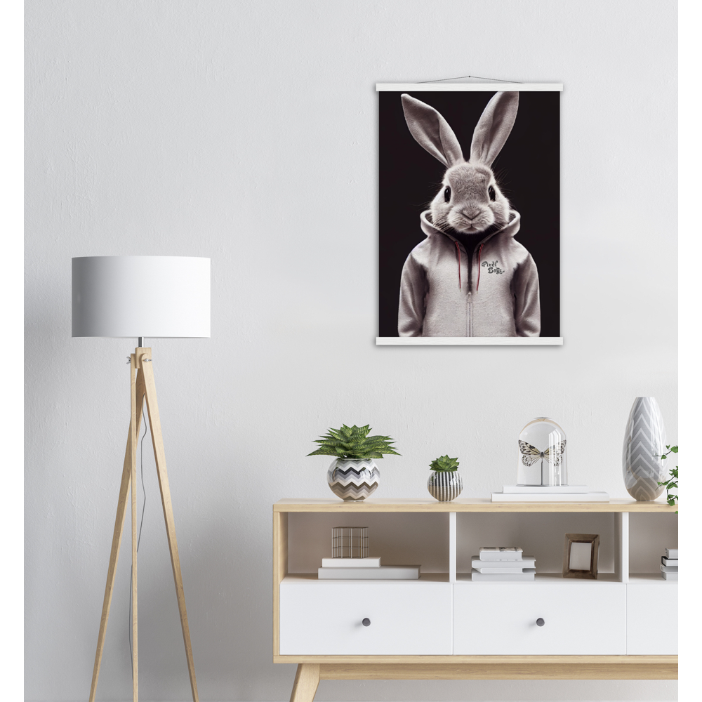 Poster mit Leisten (Holz) - Bunny in grey tracksuit - Fashion Gang - Wandbild - Ostern - Geschenkidee - Osterhase - Bunny Crew: "Valerian" - "Caesar" - "Constantin" - "Cleo"-Titus - Weisser Hase - Easter Bunny - Cute - grey tracksuit - sweats - Alice's Adventures in Wonderland - Modemarke - Pixelboys Brand - Valerian der Hase - Kaninchen  - Künstler: "Pixelboys" - Atelier - Germany - Berlin - Hamburg - Colgne - France - Paris - Italy - Rom - USA - America - New York City - Los Angeles - Chicago - 