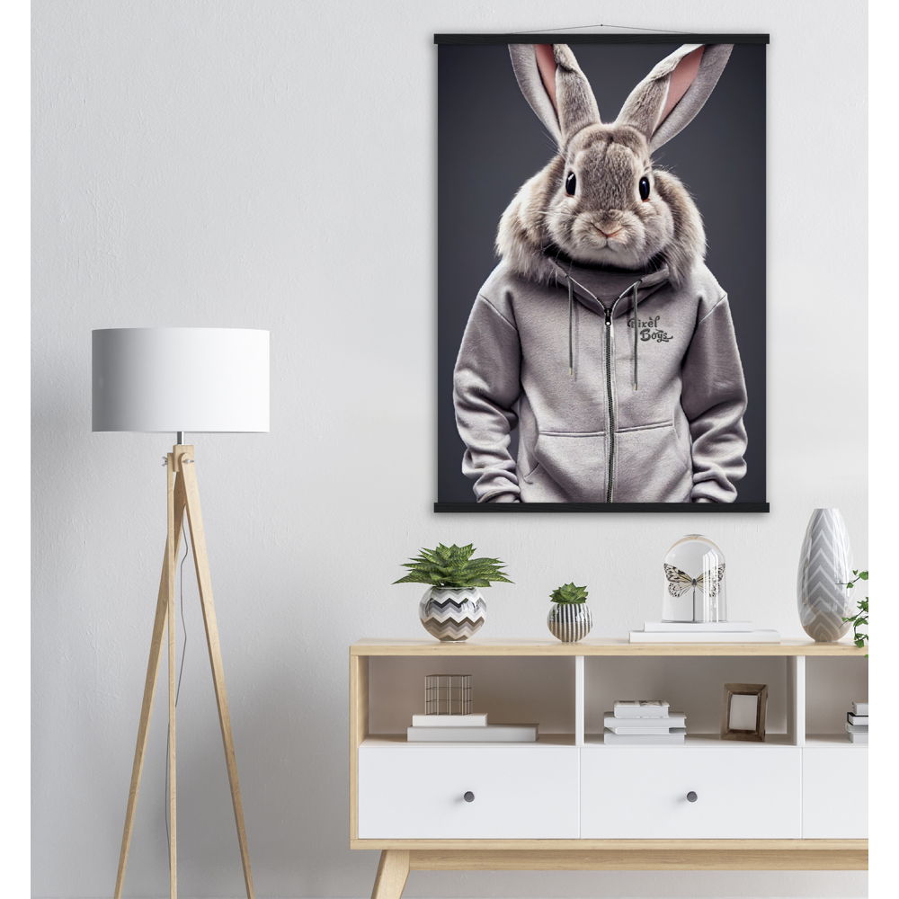 Poster mit Leisten (Holz) - Bunny in grey Tracksuit - "Titus" - Fashion Gang - Wandbild - Ostern - Geschenkidee - Osterhase - Bunny Crew: "Titus" - "Caesar" - "Constantin" - "Cleo" - Weisser Hase - Easter Bunny - Cute - grey tracksuit - sweats - Alice's Adventures in Wonderland - Modemarke - Pixelboys Brand - Constantin der Hase - Hase - Kaninchen  - Künstler: "Pixelboys" - Atelier - Germany - Berlin - Hamburg - Colgne - France - Paris - Italy - Rom - USA - America - New York City - Los Angeles - Chicago - 