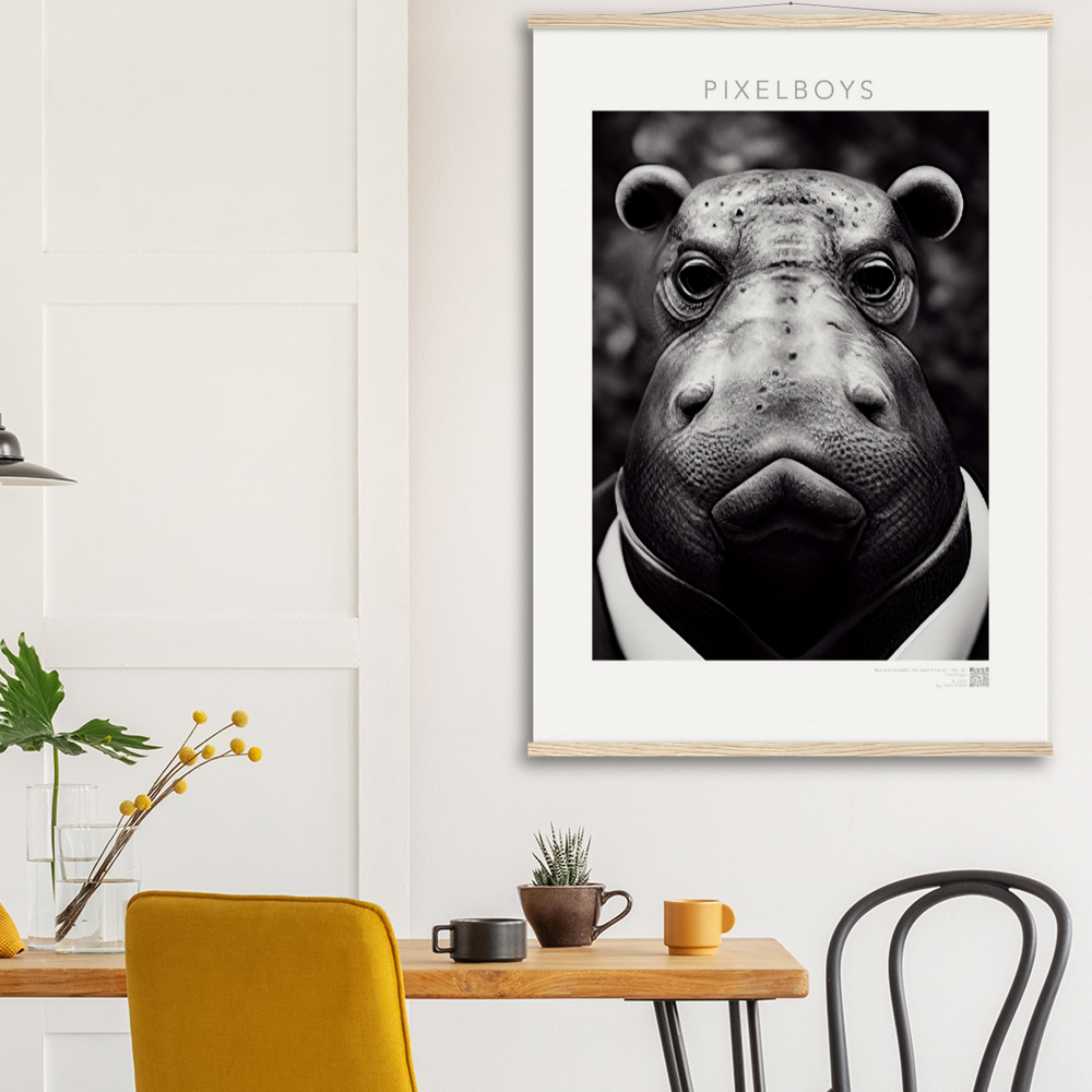 Poster mit Leisten (Holz) - "He doesn't like it." - Business Animals No. 3 "Herbert das Nilpferd" - Künstler: "John Grayst" Kunstdruck - Wandbild - Pixelboys - Atelier - Milano - Berlin - Munich - Madrid - New York - Dubai - Paris - Tokio - Rom - Lisbon - Ottawa - Bern Switzerland - Amsterdam - Seoul - Vancouver - Antwerpen - Cologne - Wellington -