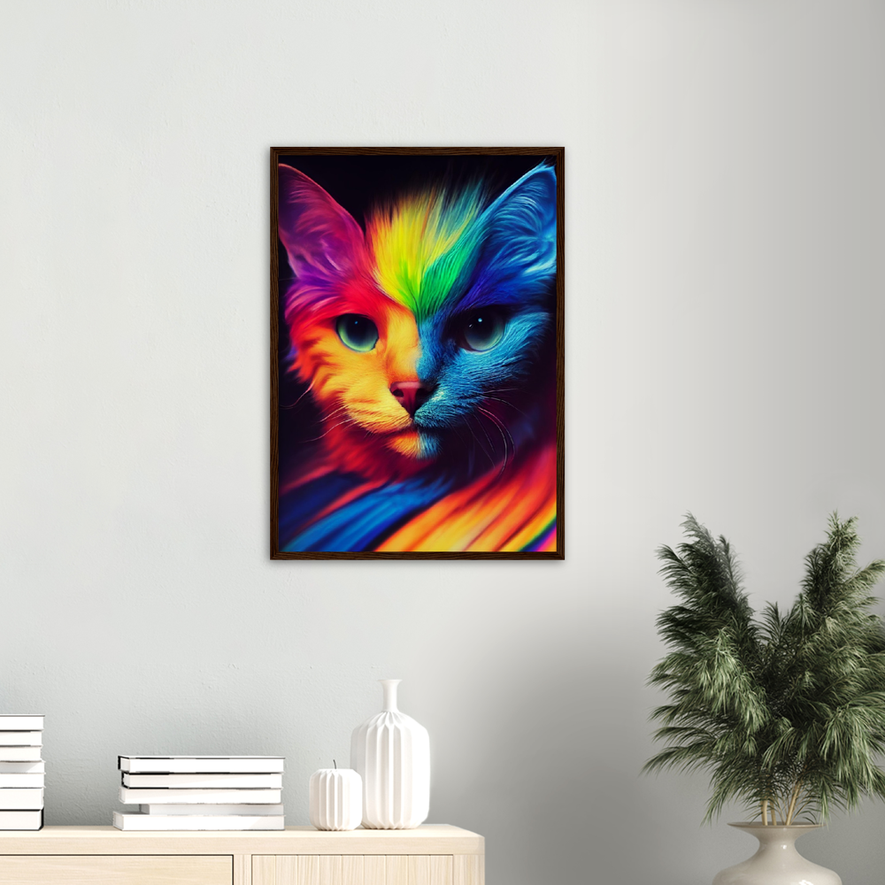 Poster mit Rahmen - Farbenfrohe Regenbogen Katze "Kitty" Poster Set mit Holzrahmen - In vielen verschiedenen Größen - auch in XXL verfügbar!