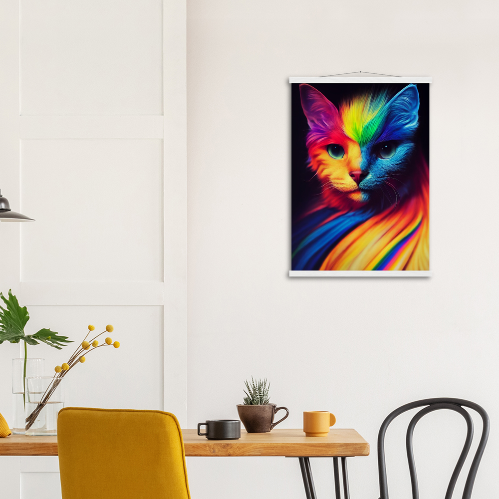 Poster Set mit Leisten aus Holz - Farbenfrohe Regenbogen Katze "Kitty" - Pride Bewegung Maskottchen -