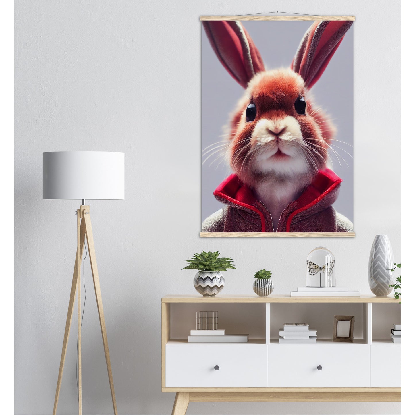 Poster mit Leisten (Holz)- Museumsqualität - Bunny in grey red tracksuit - "Julius" - personalized mug - customized mug - Cute rabbit - Marke:- Pixelboys - Brand - Art Prints - Marke - Wandkunst - Papierstärke: 250g/qm - Wall Art - Bunny crew - Skater Betty - Hasen Gang - Original - Künstler:Pixelboys - Poster with frame - Office Poster - Acrylkunst - Trend - Wandschmuck - Acrylbild - Atelier Canada - 