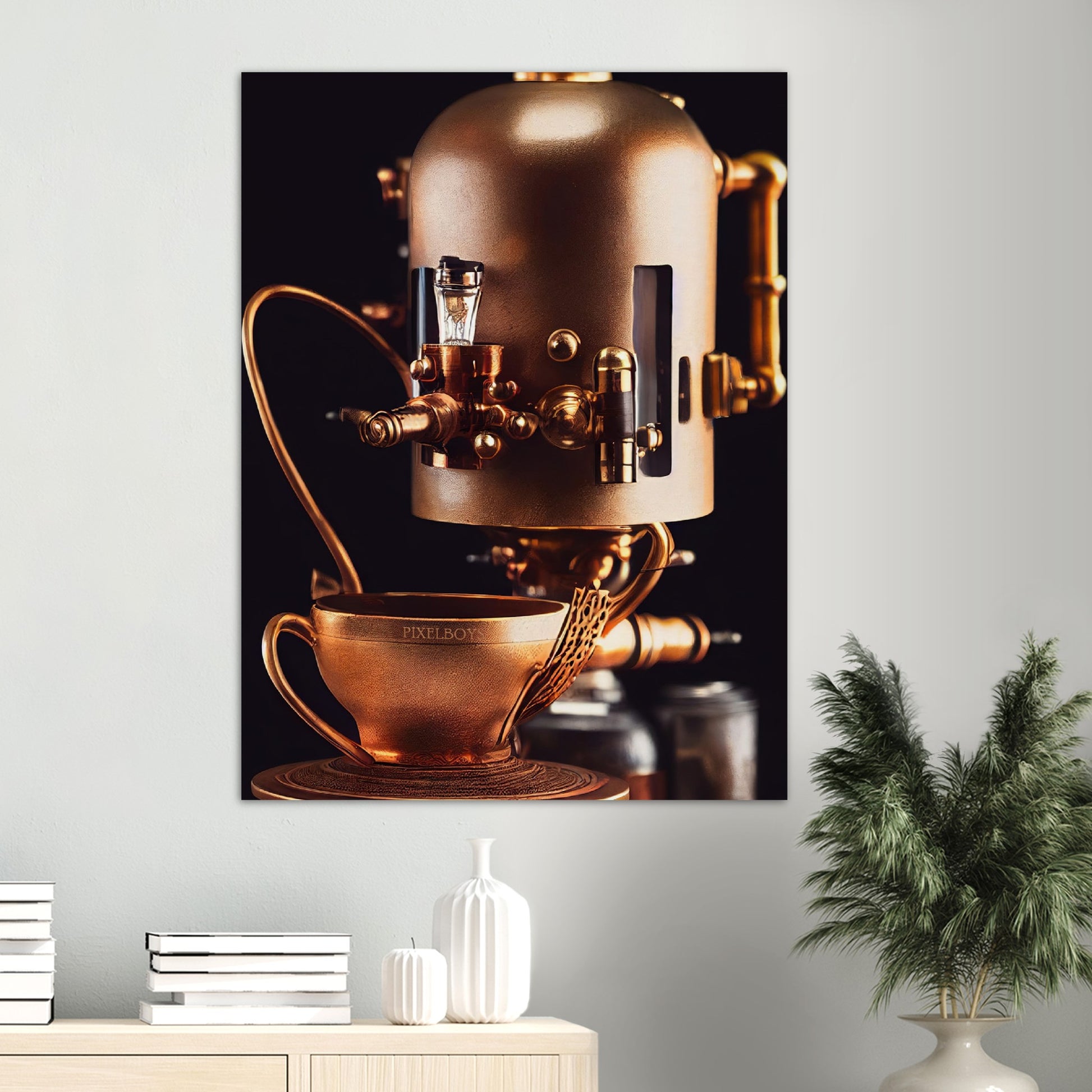 Poster in Museumsqualität - Steampunk - Coffee Maker - No.7 - Collection Cup - Pixelboys - Wandbild - Kunstwerk - Hotelkunst - Kunst auf Postern - Fine Art - Steampunk - Future - Maschine - Poster with frame - Office Poster - Art Brand - Pixelboys - Coffee House - Restaurant Poster - Wall Art - Kunstdruck - Geschenkidee - Kunst auf Acrylglas - Future Coffee Cup - Personalisierbare Tasse - Gastro Tasse - exklusiv - Acryldruck - Gastronomie Poster - Hotelposter - Teestube - Steam Punk Kitchen -   