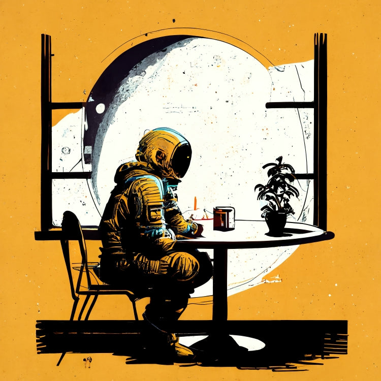 Poster in Museumsqualität - The waiting Astronaut - Michael - Illustration - Astronaut - Waiting - Posterleisten - USA - Fineart - Posterrahmen  - Wandkunst - Holzrahmen - Poster with frame - people of color - artwork - art brand - printed cup personalized - Holzleisten - pixelboys - Kunstdrucke - wandbilder - wall art - Kunst auf Tassen  - Office Poster - Gastrotassen - Wanddekoration - Acrylkunst - Geschenkidee - Office Poster - Acryldruck - Abstrakte Kunst -