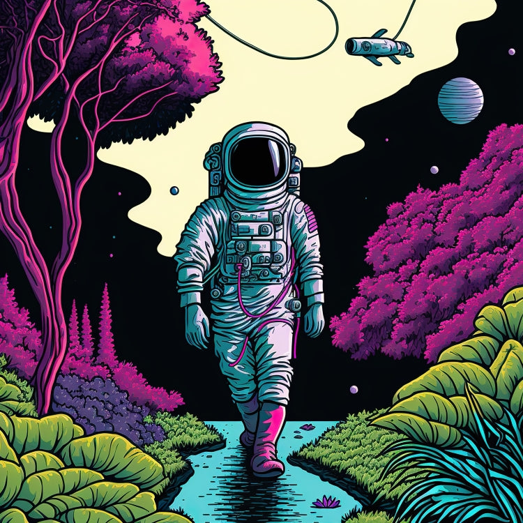 Poster in Museumsqualität - Wandering Astronaut - Stephen - Illustration - Astronaut - Panorama - Rocketman - Posterleisten - USA - Fineart - Posterrahmen  - Wandkunst - Holzrahmen - Poster with frame - artwork - art brand - printed cup personalized - Holzleisten - pixelboys - Kunstdrucke - wandbilder - wall art - Kunst auf Tassen  - Office Poster - Gastrotassen - Wanddekoration - Acrylkunst - Geschenkidee - Office Poster - Acryldruck - Abstrakte Kunst -